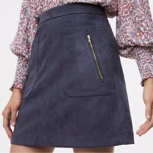 LOFT Women's Navy Suede A Line skirt with two gold-tone zippers in front Size 12